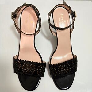 Kate Spade Patent Leather Scalloped Wedge Sandal Black 9 Ankle Strap Feminine